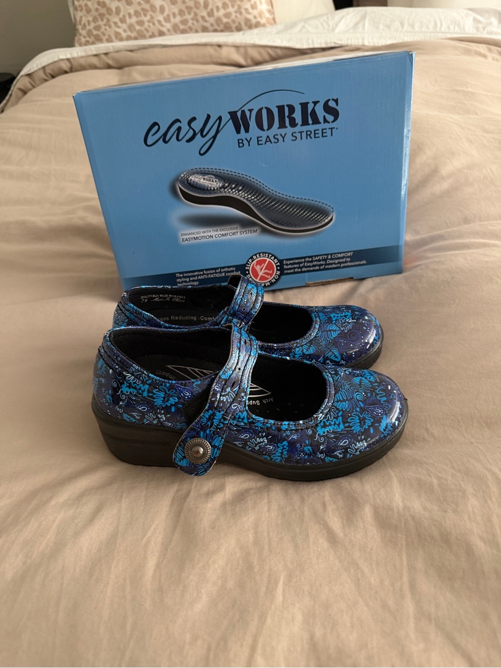 Easy Works Women's Blue Pattern Mary Jane Mules & Clogs